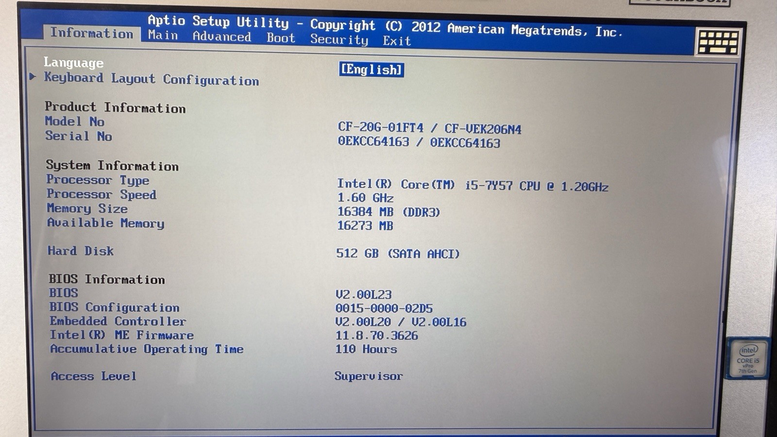 Panasonic Toughbook CF-20 MK2 1.60GHz i5-7Y57 16GB RAM 512GB 4G GPS SIM LAN 7th
