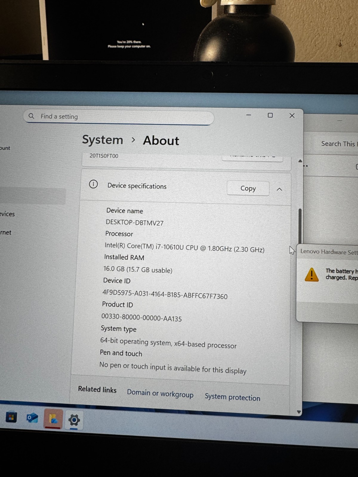 Lenovo ThinkPad T15 Core I7-10610 256GB SSD 16GB RAM Laptop *Read #5794