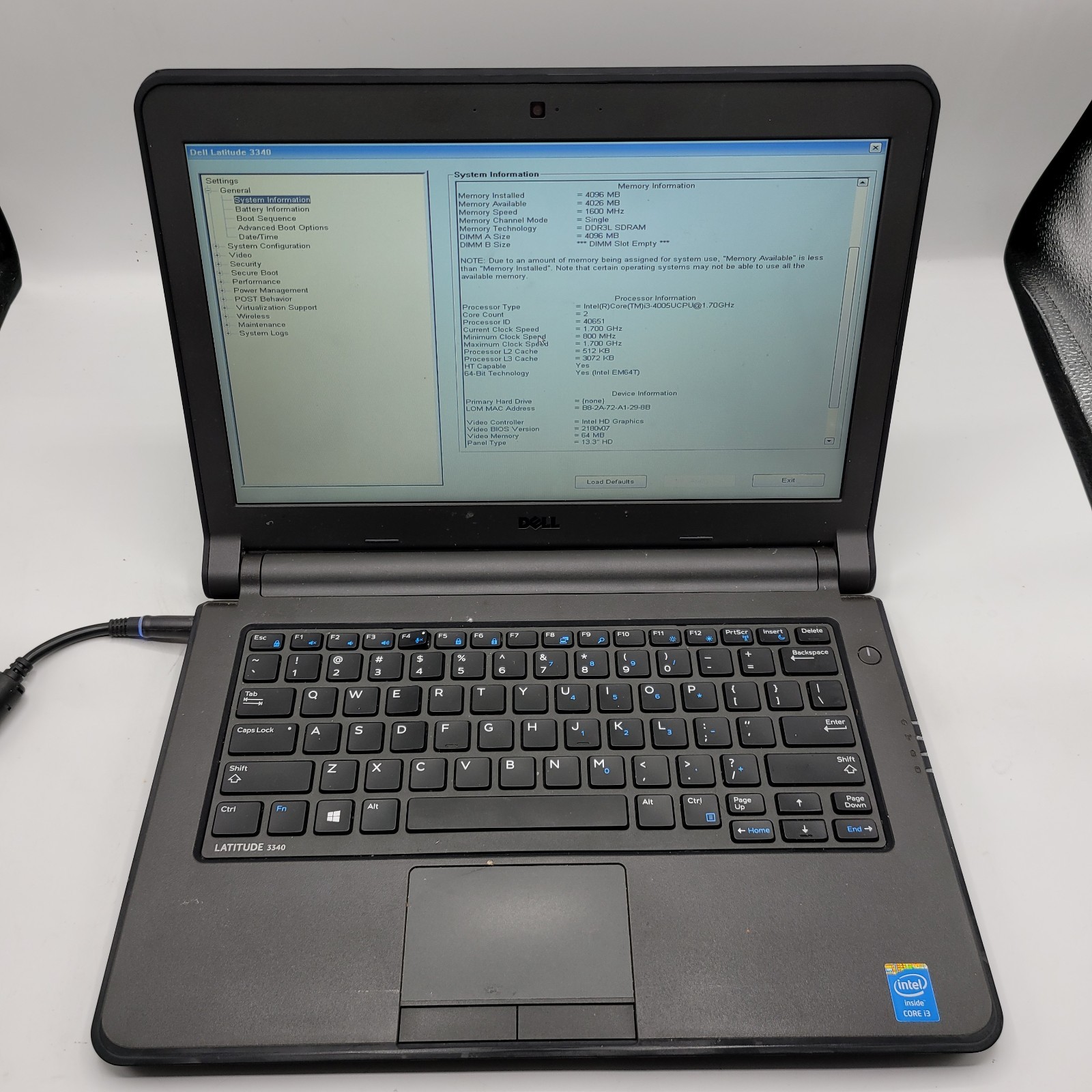 Dell Latitude 3340 Core i3 4005U 1.7GHz 4GB RAM No HDD 13″ – ***Boot to Bios