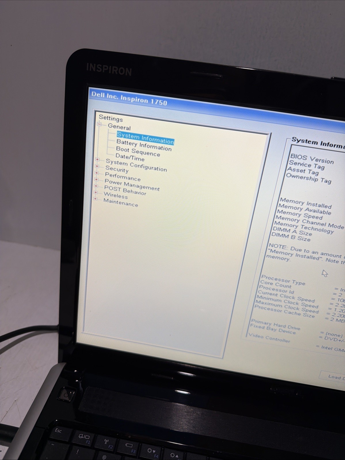 Dell Inspiron 1750 17″ Laptop Core 2 Duo T6600 2gb Ram NO Drives Boots Bios