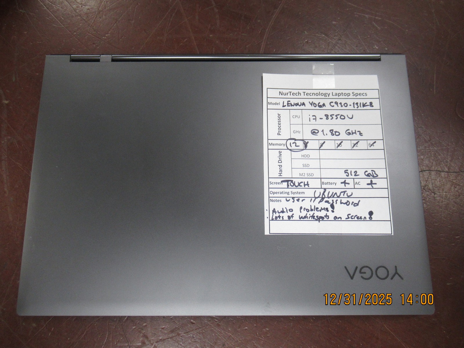 Lenovo Yoga C930-13IKB Touch I7-8550U 1.80GHz 12GB 512GB M2SSD Ubuntu Laptop +AC