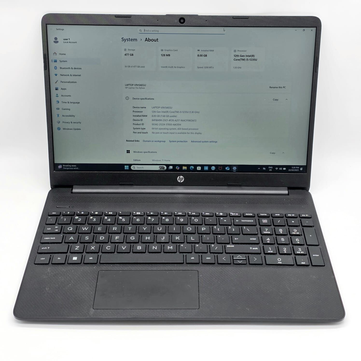 HP 15s-fq5239TU 15 Inch Laptop i5-1235U 8GB RAM 512GB HDD Windows 11