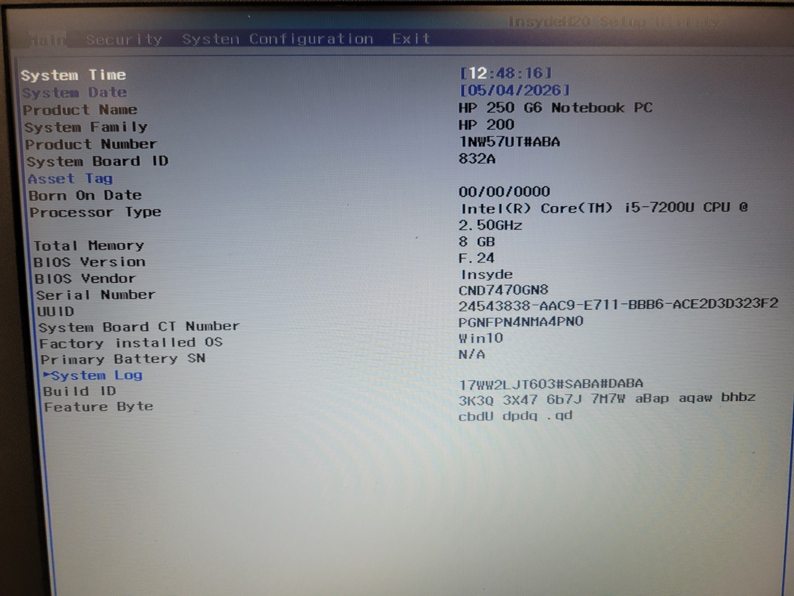 HP 250 G6 i5-7200U@2.5GHz 8GB RAM *AS IS/No HDD/No OS/No Battery/BIOS* | LP436