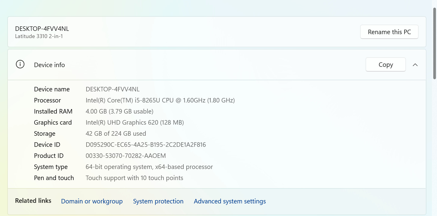 Dell Latitude 3310 2-in-1 Touch Intel i5-8265U 4GB RAM 240GB NVMe SSD Win 11 Pro
