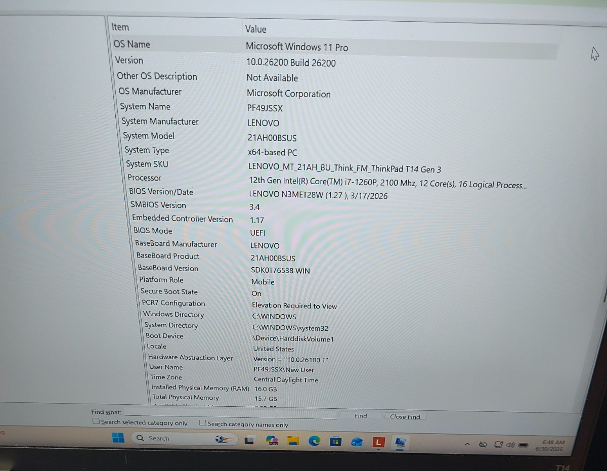 Lenovo ThinkPad T14 Gen 3 i7-1260P 16GB NON-TOUCH Win11Pro 512GB