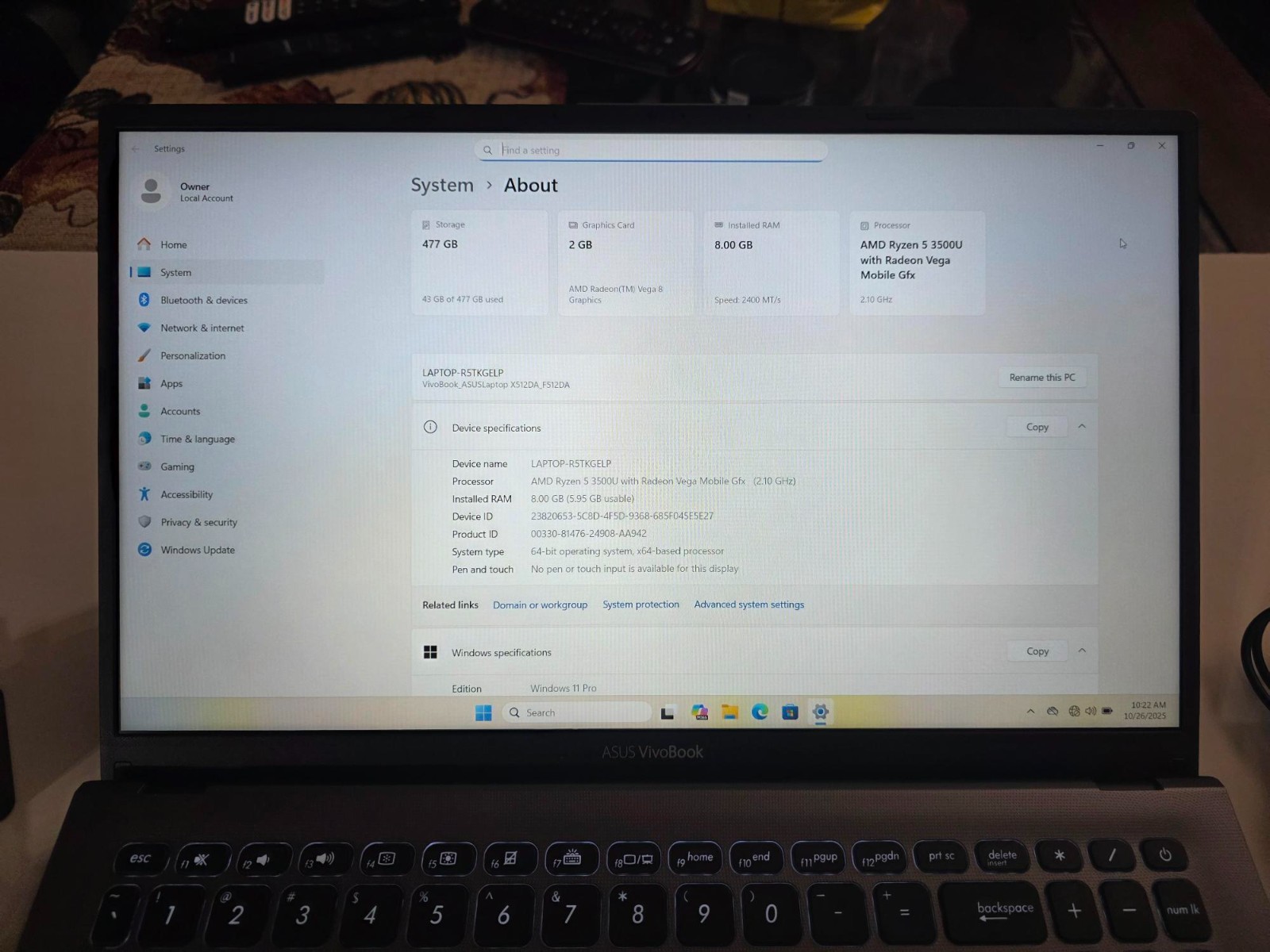 ASUS VivoBook F512D 15.6″ LT Ryzen 5 3500U 8GB RAM 512GB SSD Win 11 Pro