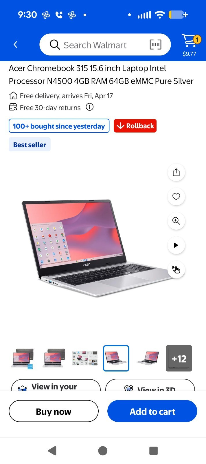 Acer Chromebook 315 15.6″ Intel N4500 4GB RAM 64GB eMMC Pure Silver Webcam Wi-Fi