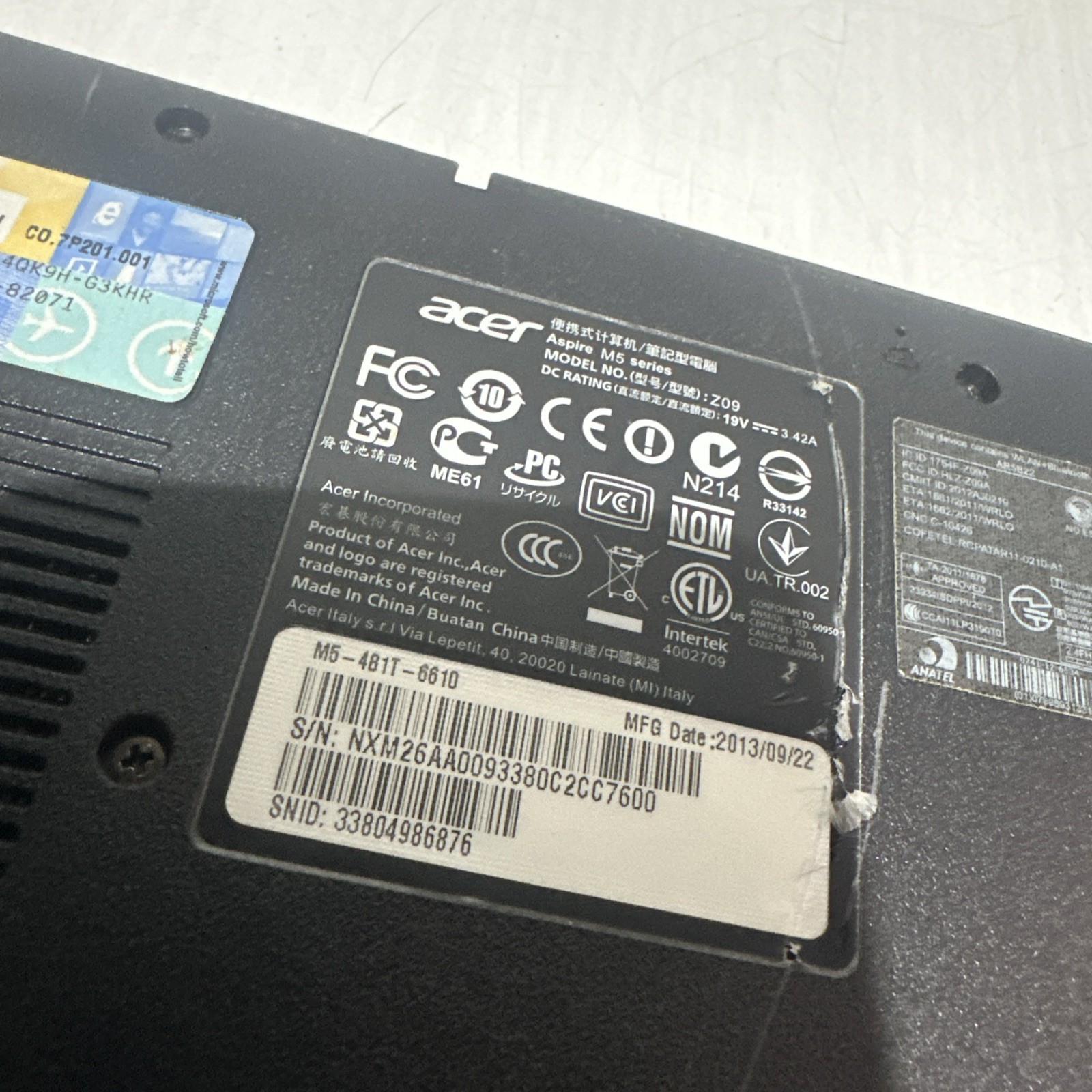 Acer Aspire M5-481T 15″ Laptop i3-3227U 4gb Ram No Drives Boots Bios No P/S