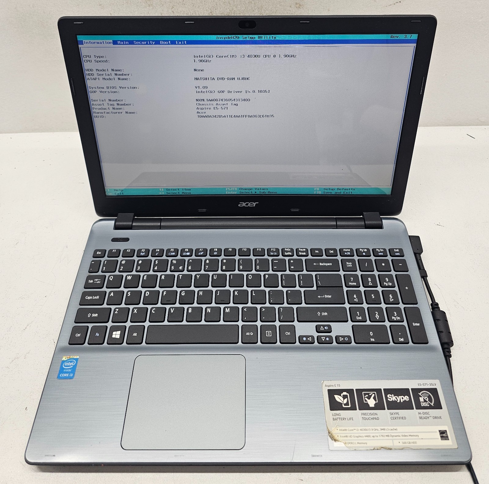 Acer Aspire E15 E5-571-35LV Laptop Intel Core i3-4030U 4GB Ram NO HD/OS (FL)