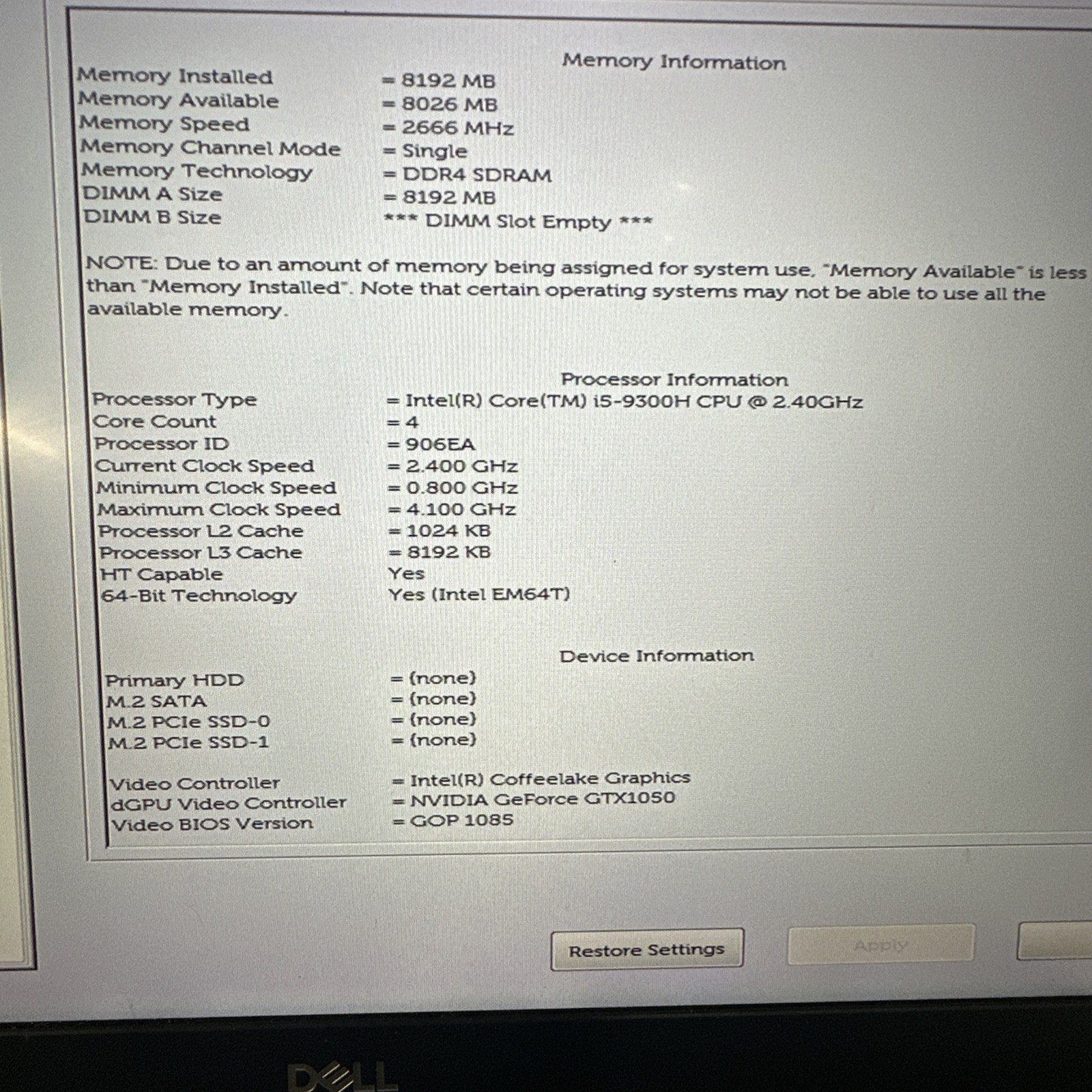 Dell Vostro 7590 I5 9300H 2.40GHz, 8GB RAM, GTX 1050, No SSD/Battery