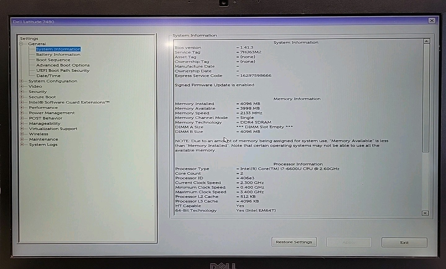 Dell Latitude 7480, Intel Core i7-6600U @ 2.6GHz, 4GB RAM, NO SSD, NO OS