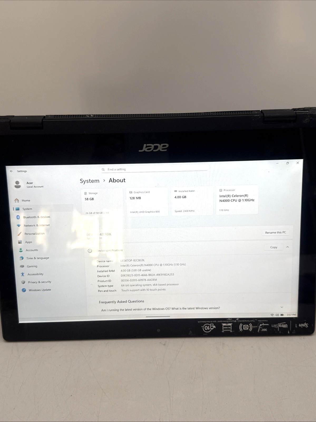 Acer Spin 311 11.6″ Intel N4000 4GB RAM 64GB eMMC Touch Screen Window 11h READ
