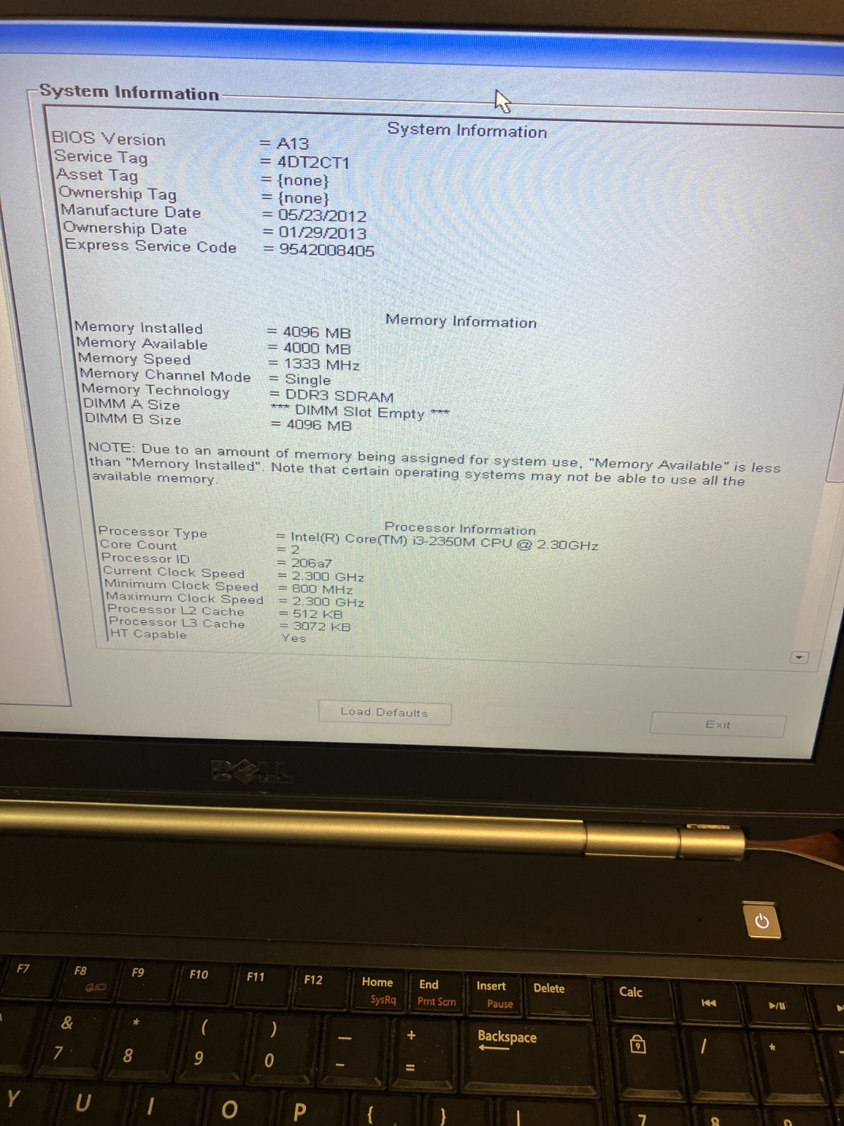 DELL LATITUDE E5520 Laptop i3-2350M + 4 GB No HD/Battery FOR PARTS