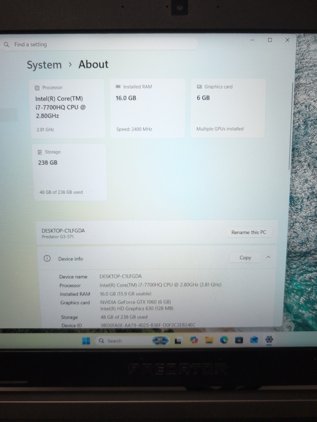 🎸 ACER Predator G3-571 15.6″ Laptop i7-7700HQ /16GB/256GB/GTX 1060 6GB/Win11