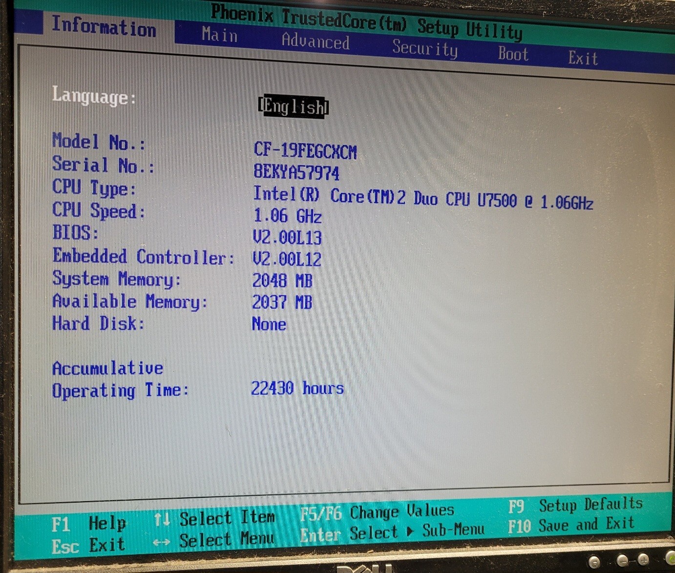 Panasonic Toughbook CF-19 Core2Duo U7500 1.06GHz 2GB RAM CF-19FEGCXCM -NO AC/HDD