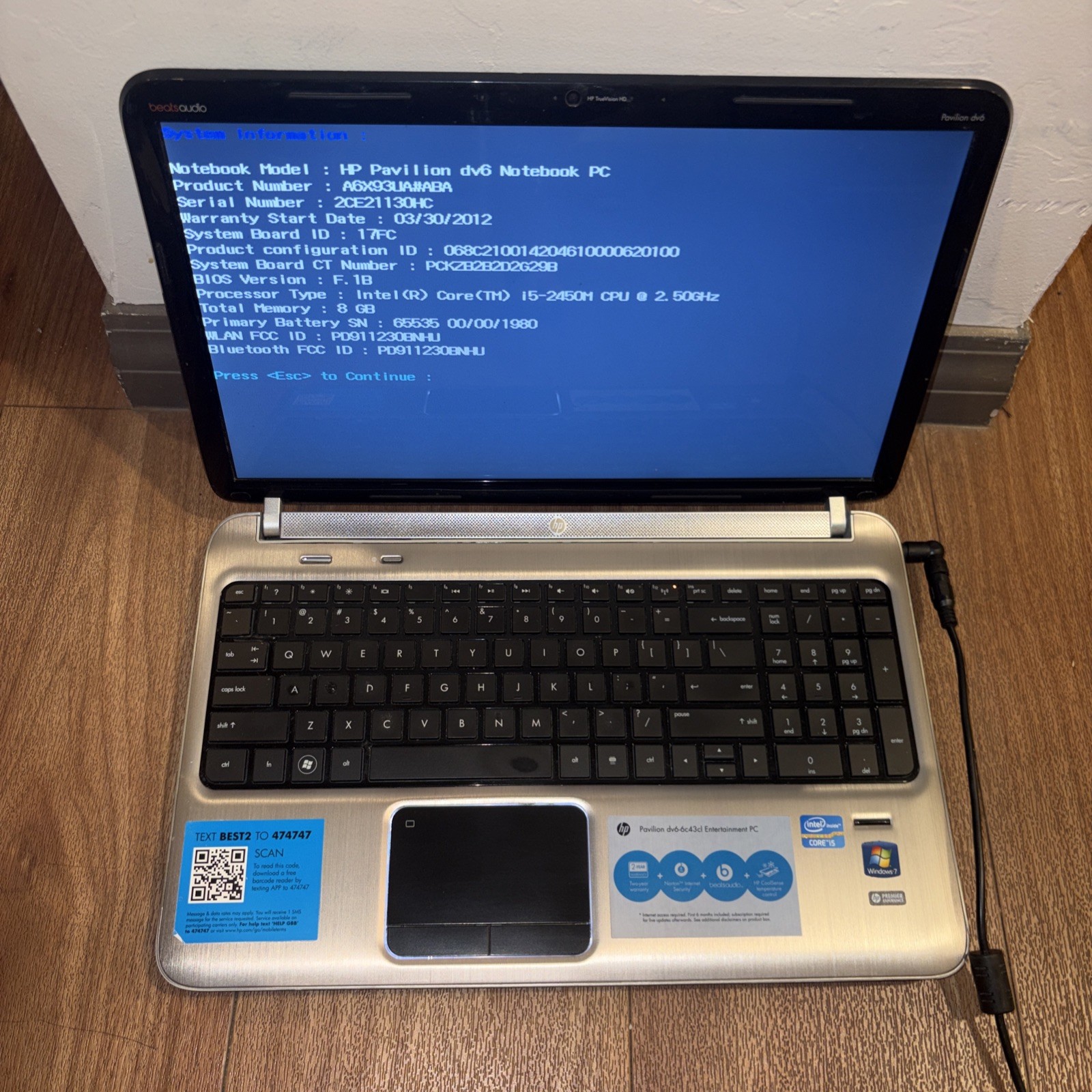 HP pavilion dv6-6c43cl 15.6″ Notebook – i5-2450M 2.50 GHz, 8 GB, no hdd