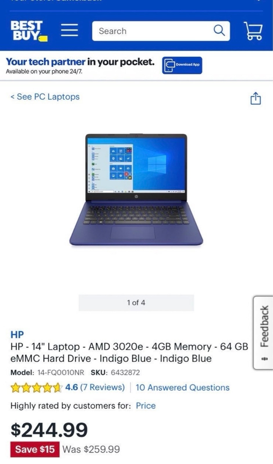 HP 14-fq0010nr 14 inch (64GB, AMD 3020e, 2.60GHz, 4GB) Notebook/Laptop – Blue