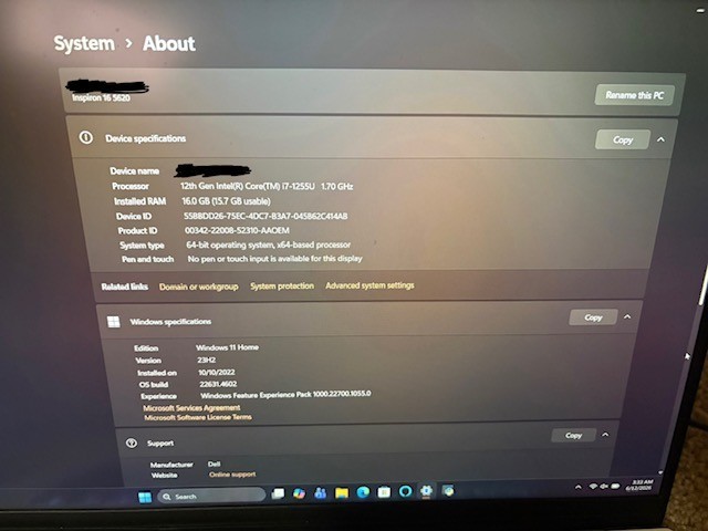 Dell Inspiron 16 5620, Intel Core i7-1255u, 16GB RAM, 512GB SSD READ DESC