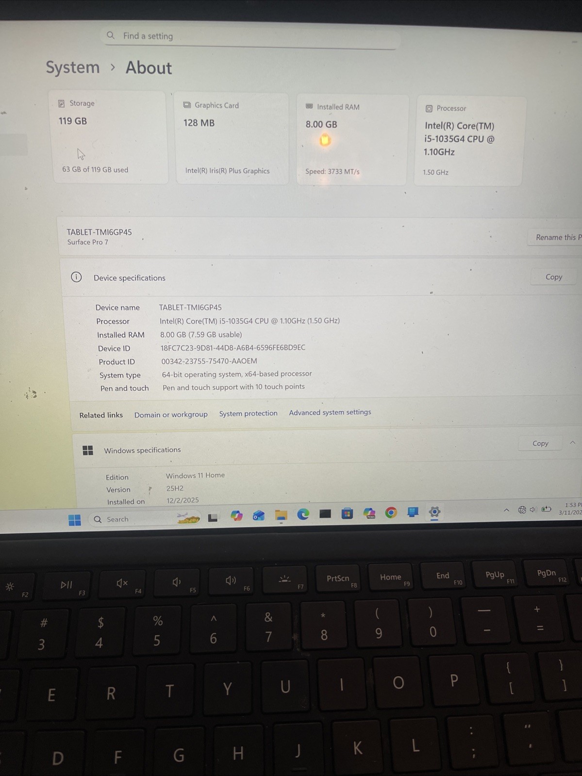 Microsoft Surface Pro 7 1866 i5-1035g4 8GB RAM 128GB SSD
