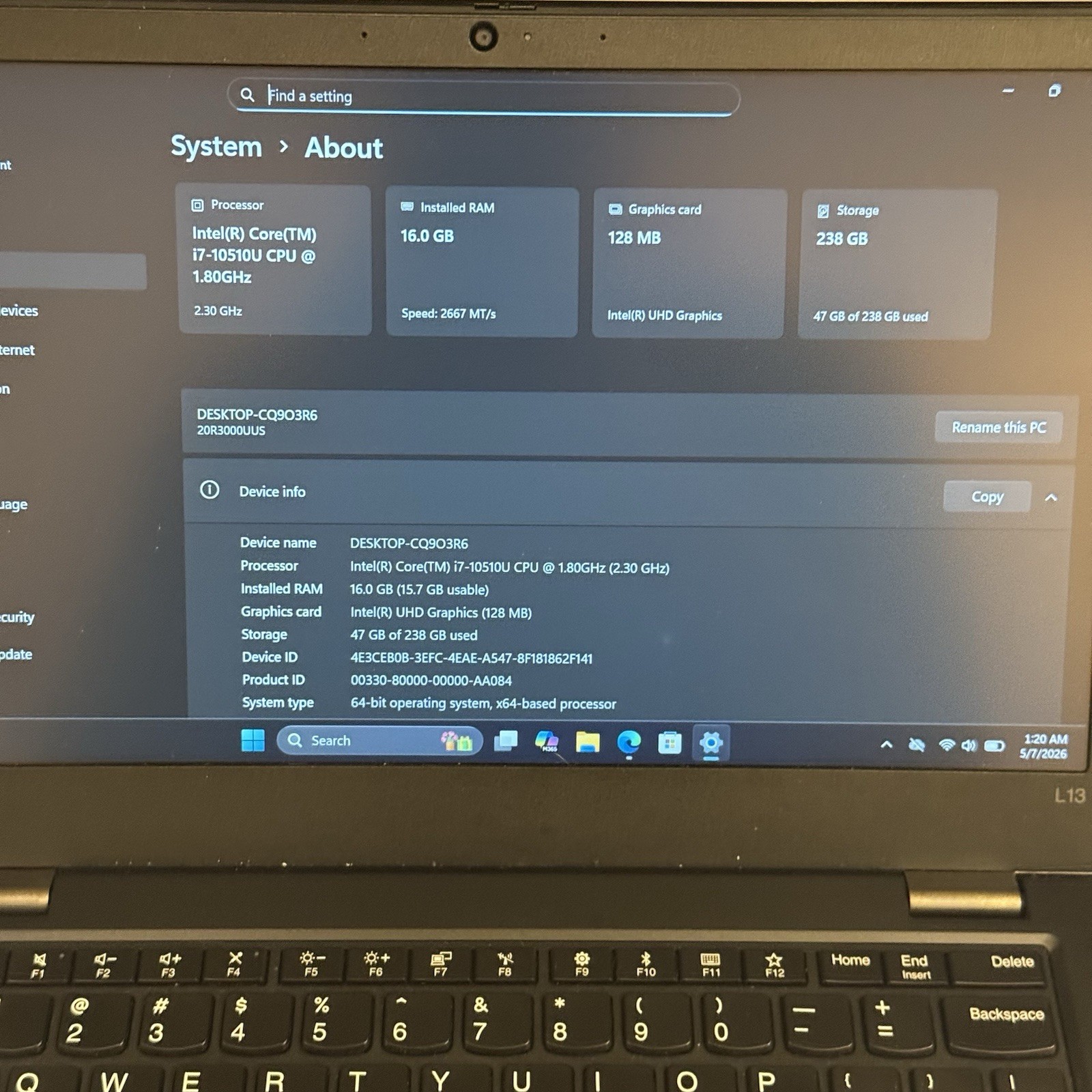 Lenovo ThinkPad L13 i7-10510U 16GB 256GB NVMe 13.3″ FHD Windows 11 Pro