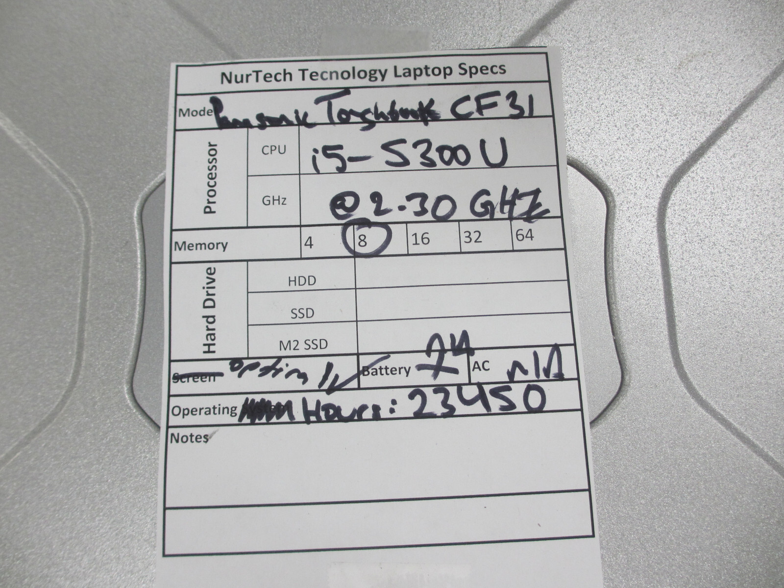 Panasonic Toughbook CF-31 i5 5th 2.3GHz 8GB Laptop+PEN Hours: 23450 NO HDD/OS/AC
