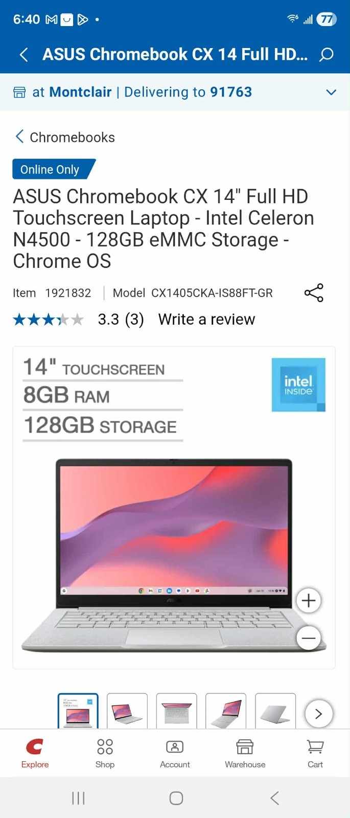 ASUS Chromebook CX 14″ Full HD Touchscreen Laptop – Intel Celeron N4500 – 128GB