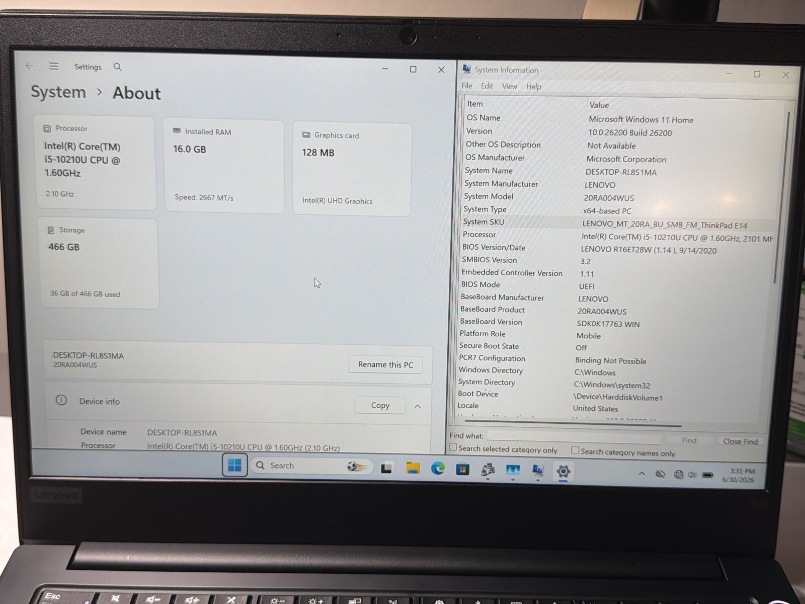 Lenovo ThinkPad E14 Intel Core i5-10210U 16GB RAM 500GB SSD Windows 11