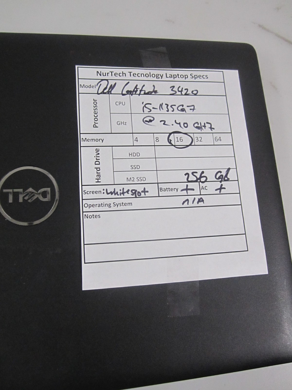 Dell Latitude 3420 I5-1135G7 2.40GHz 16GB 256GB M2SSD NO OS LAPTOP + AC_