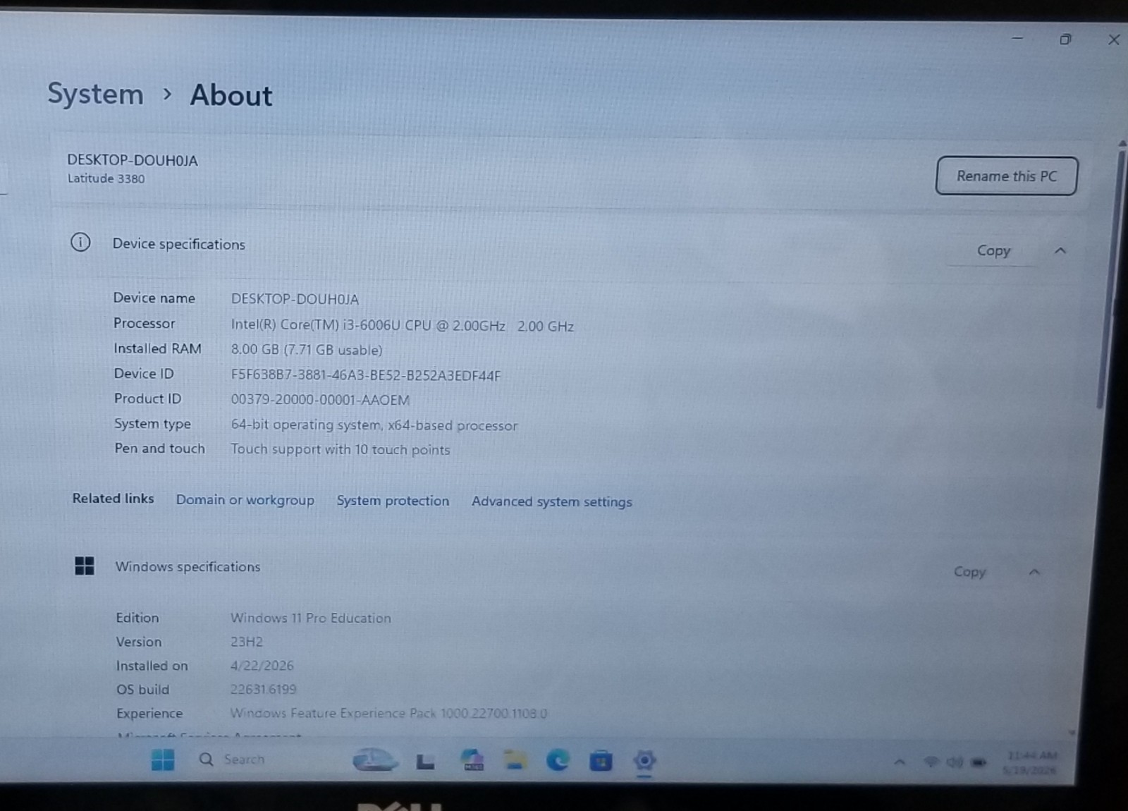 Dell Latitude 3380 13.3” TOUCH, I3-6006U, 8GB RAM, 128GB SSD, WINDOWS 11 PRO