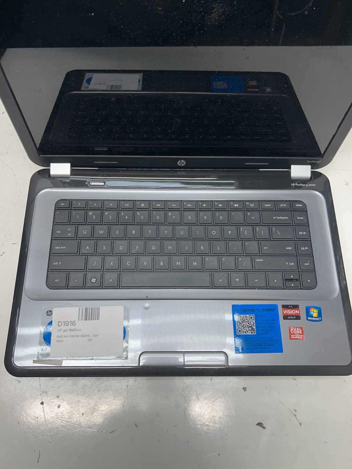 HP g6-1b60us AMD A4-3300M 1900Hz 2GB NO HDD NO BAT