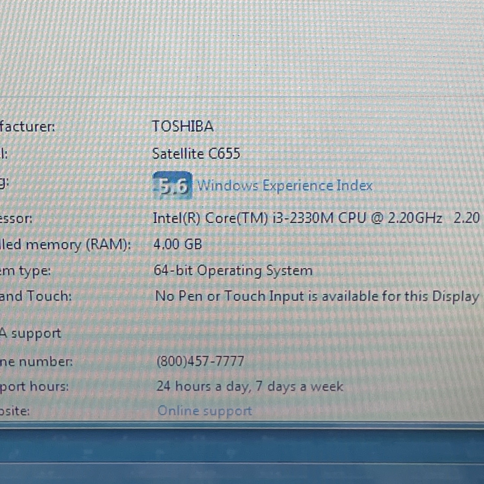 Toshiba C655-S5305 i3-2330M 4GB RAM 320GB HD 15” Windows 7 No Battery