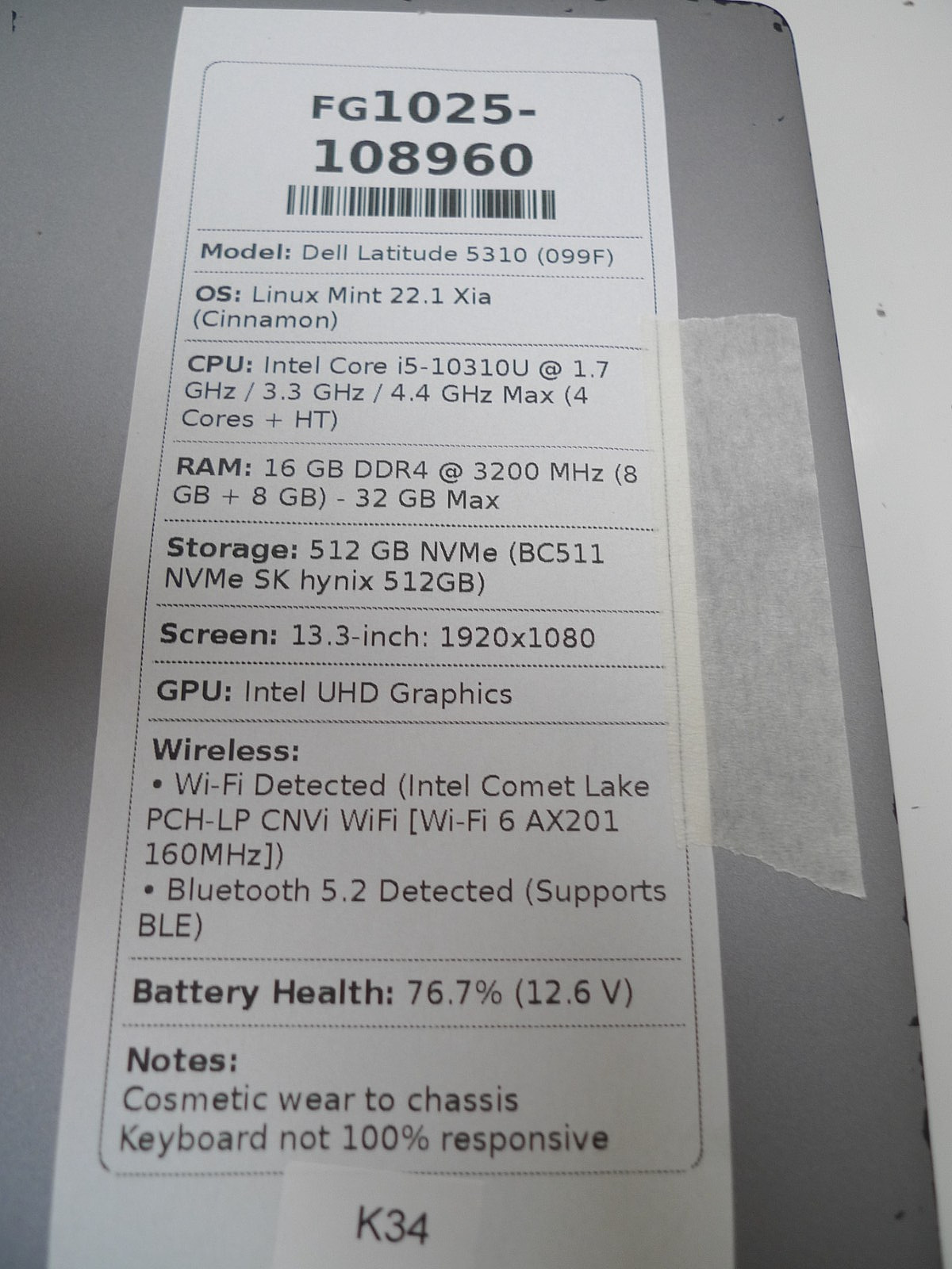 Dell Latitude 5310 | i5-10310U | 16GB RAM | 512GB NVMe | Linux | Bad Keyboard
