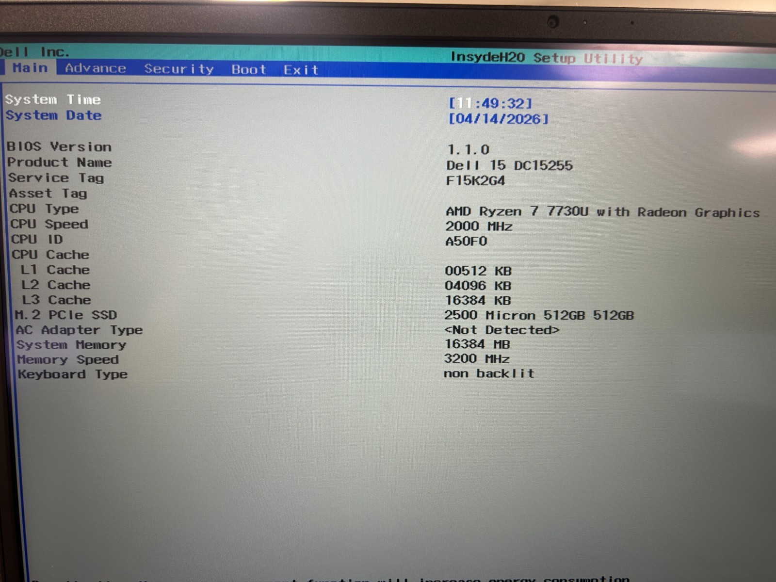 DELL 15 DC15255 G8MK9, AMD Ryzen 7 7730U, 2.00 GHz, 16 GB RAM, 512 GB NVMe SSD