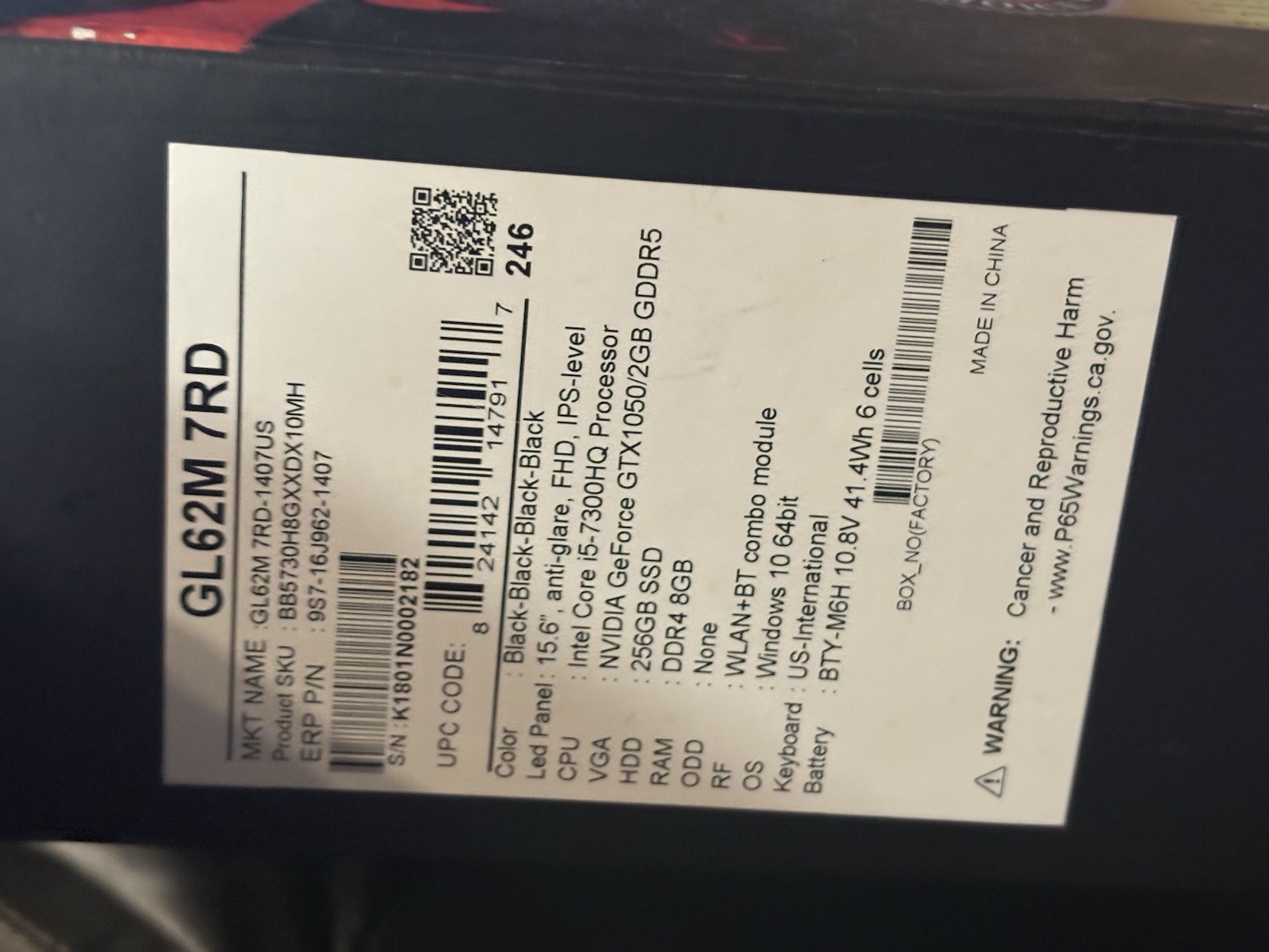 MSI Gaming Laptop 15.6in Intel Core I5 Ddr4 8gb Ram 256gb SSD Windows 10 In Box