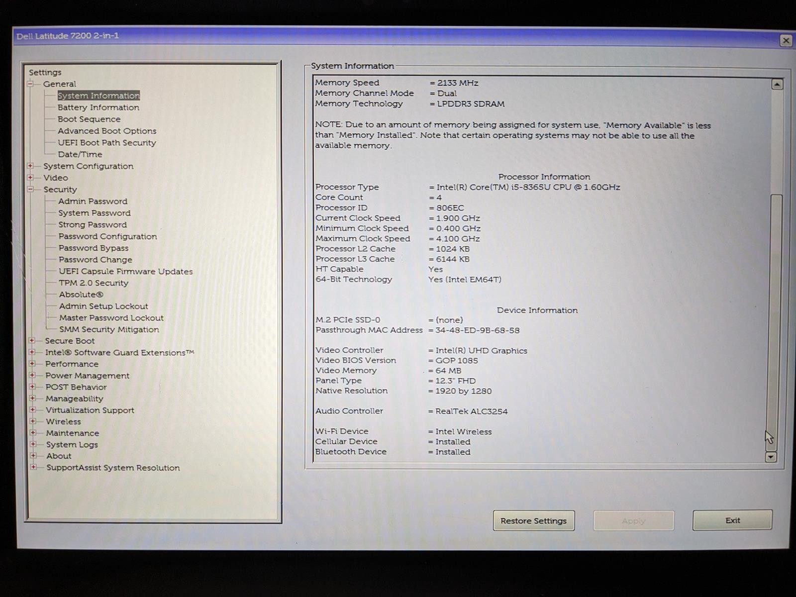 DELL LATITUDE 7200 2-IN-1 i5-8365U @ 1.60GHz, 8GB RAM, NO HDD/OS – (FOR PARTS)