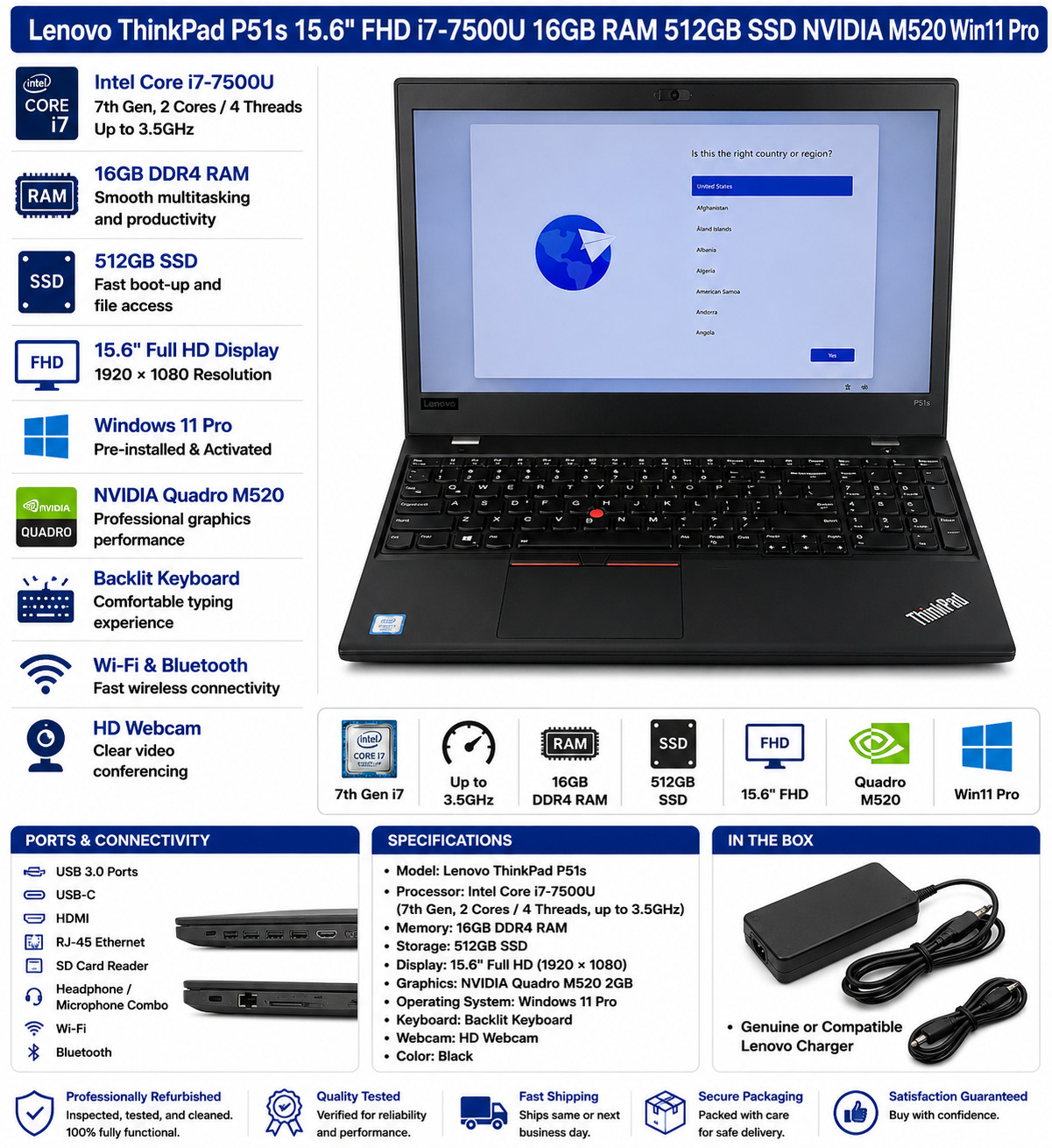 Lenovo ThinkPad P51s 15.6″ FHD i7-7500U 16GB RAM 512GB SSD NVIDIA M520 Win11 Pro