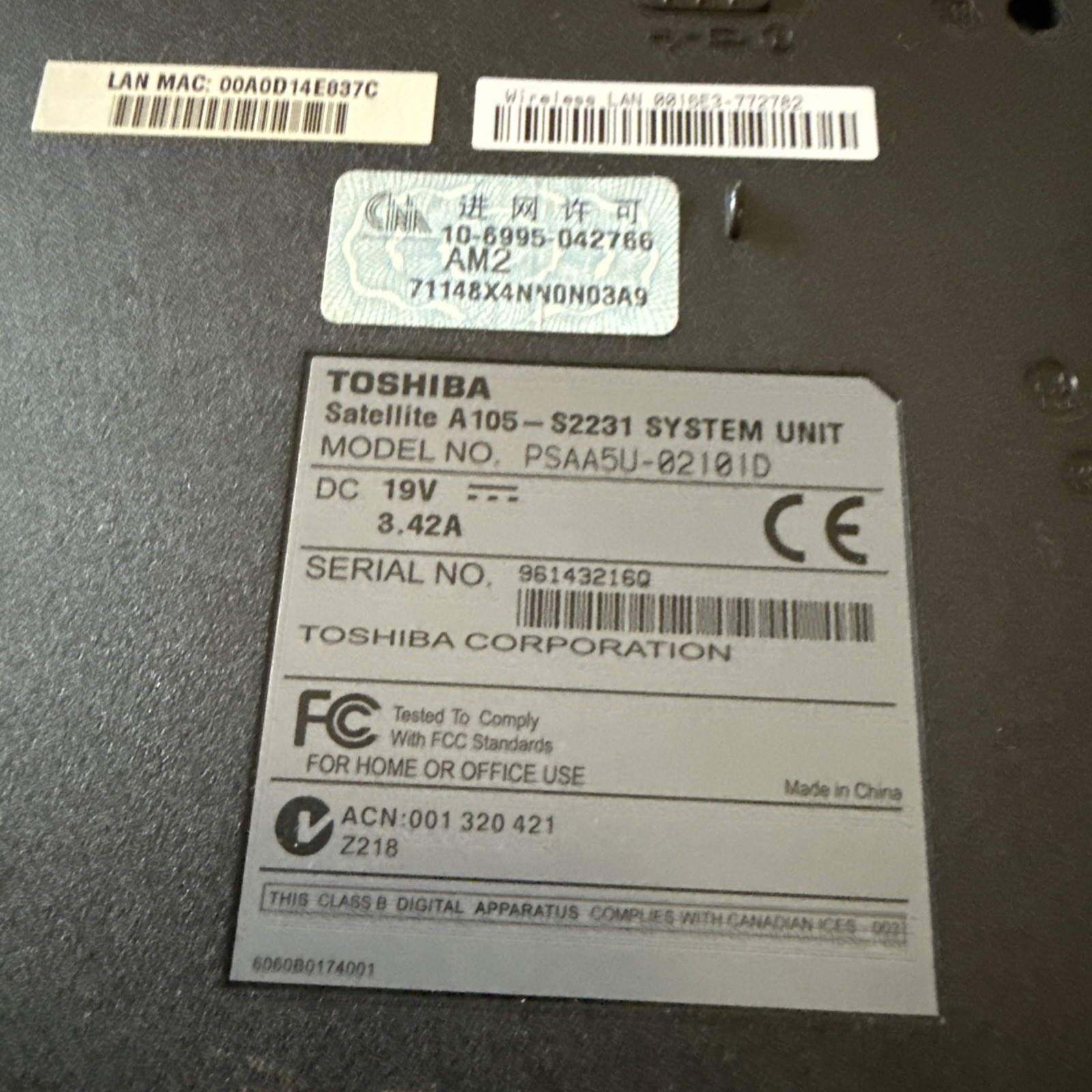 Toshiba A 105-S2231 For Parts Or Repair