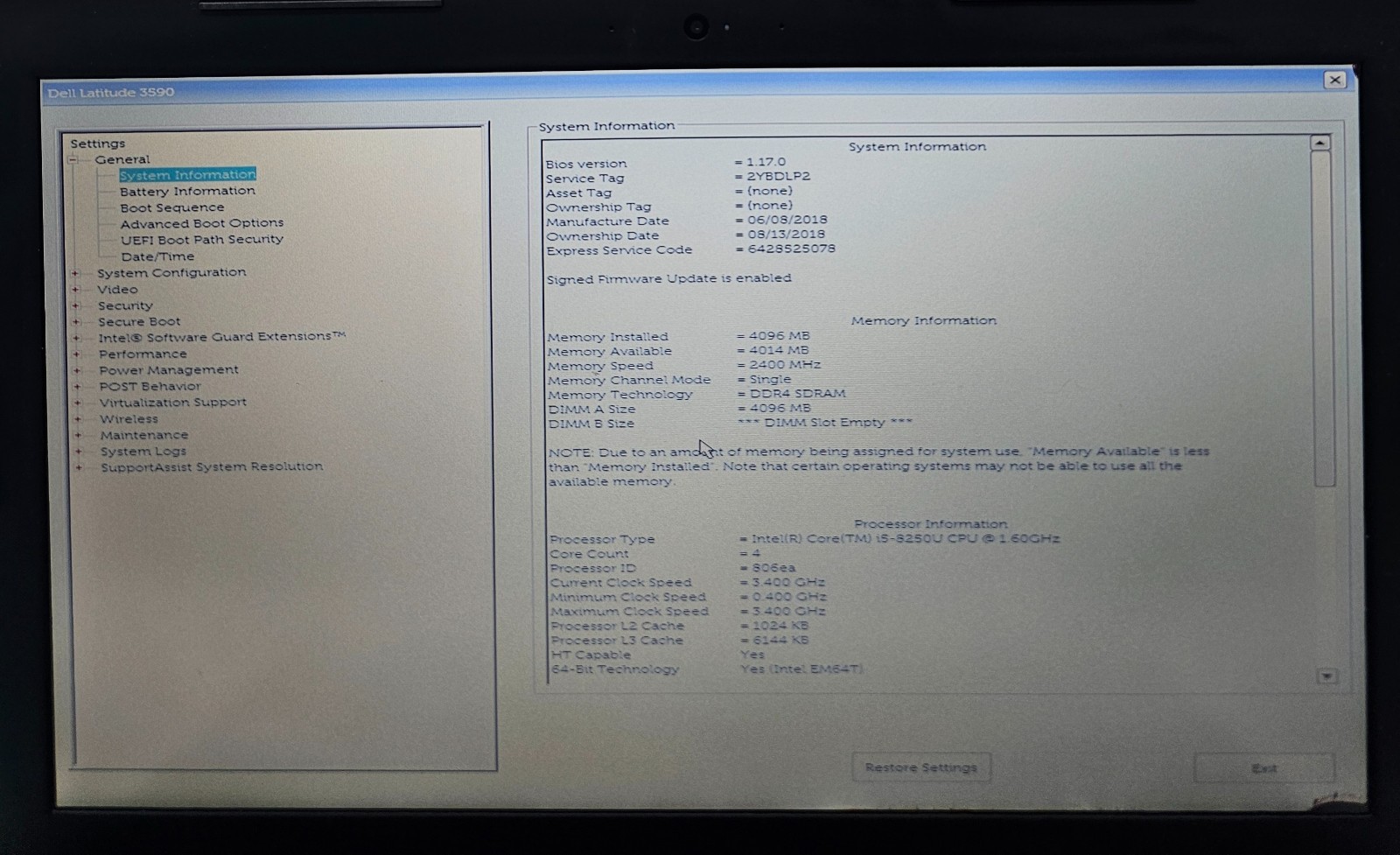Dell Latitude 3590 15.6″ Laptop Intel i5-8250U 4GB RAM NO HD/OS (FL)