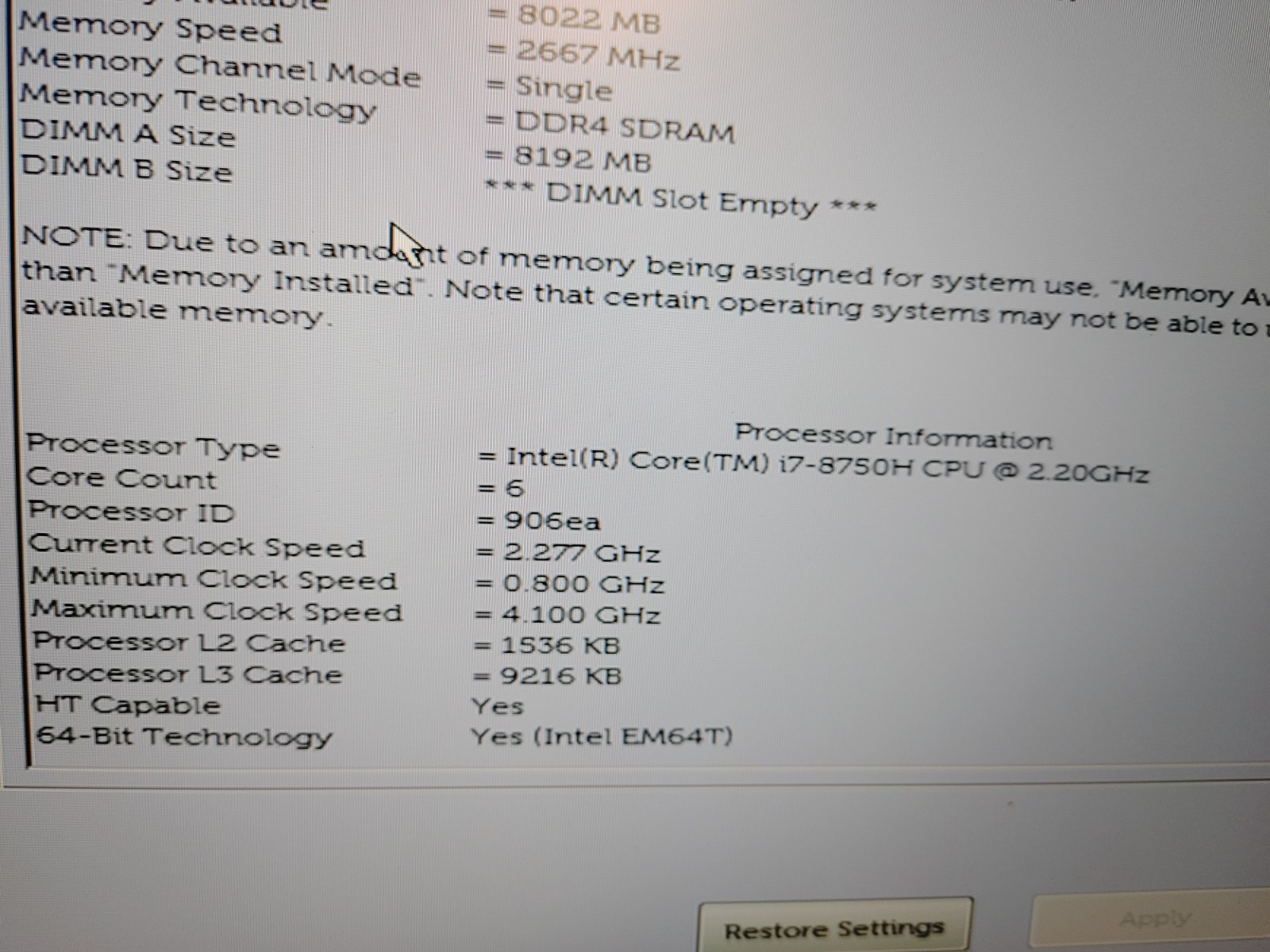 Dell XPS 9570 Core i7-8750H@2.20GHz, 8GB RAM , NO SSD , FOR PARTS/ REPAIR