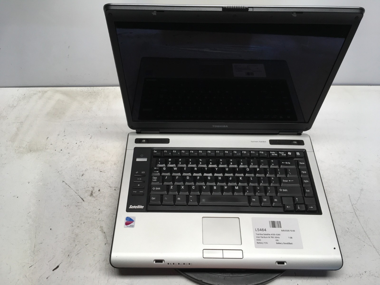 Toshiba Satellite A105-S361 Intel Pentium M 760 2GHz 1 GB NO HDD
