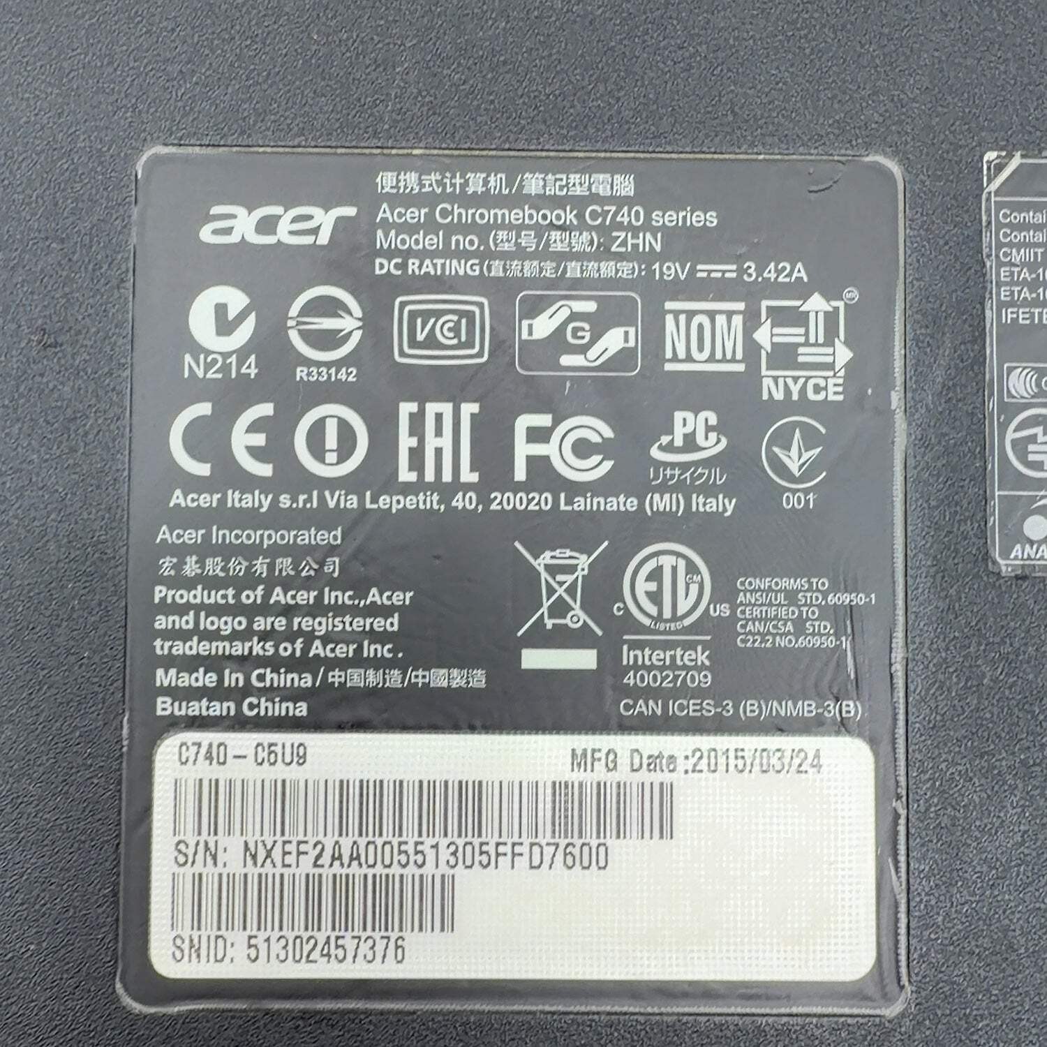 Acer Chromebook C740 ZHN 11.6″ Celeron 3205u 1.5GHz 4GB RAM 32GB SSD