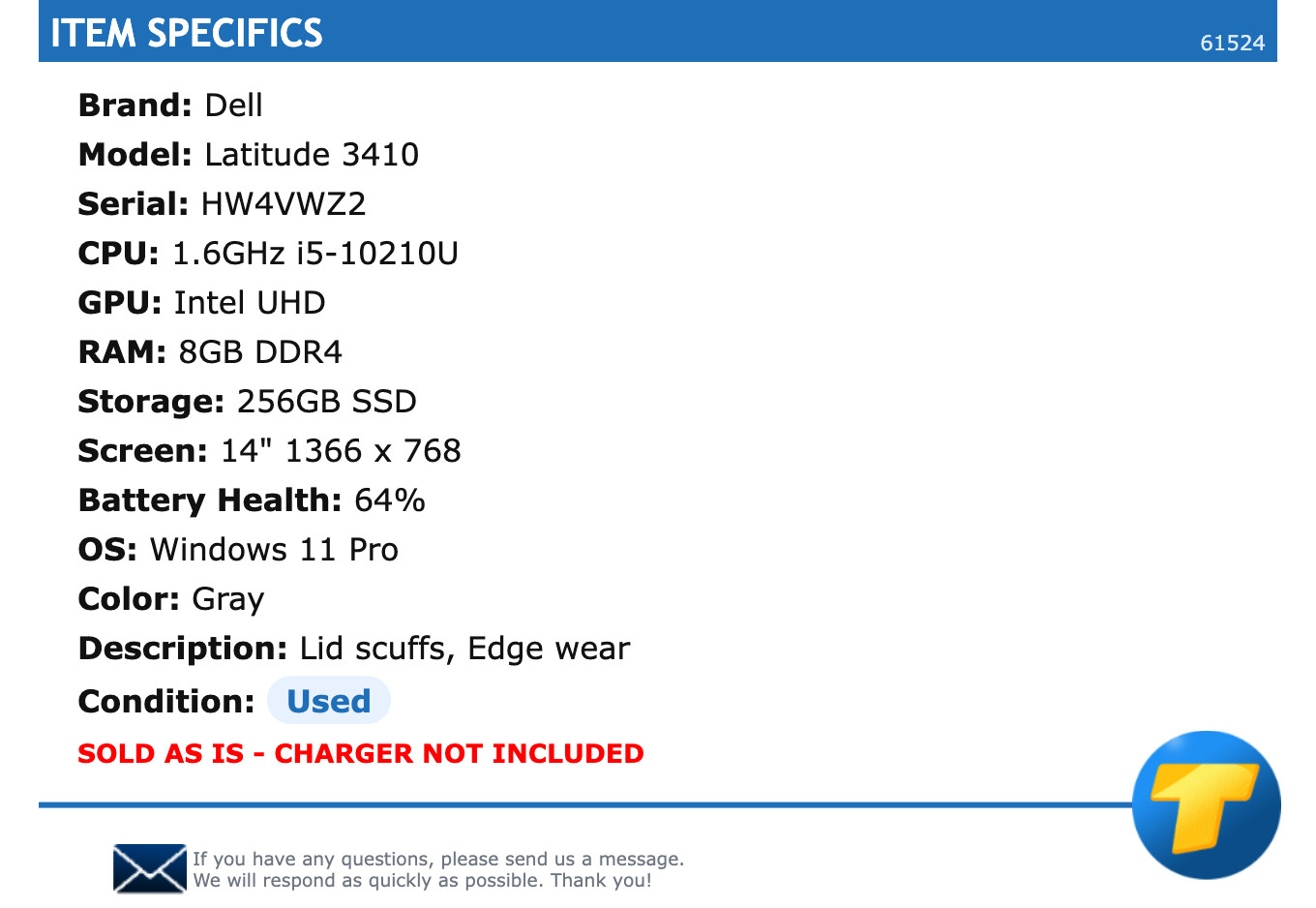 Dell Latitude 3410 – 14″ HD, 1.6GHz i5, 8GB RAM, 256GB SSD, Windows 11 Pro