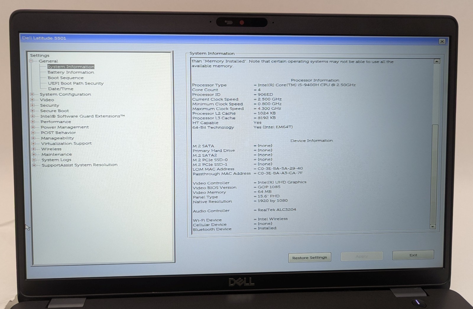 Incomplete Dell Latitude 5501 15.6″ Laptop i5-9400H 2.50GHz 16GB RAM – *READ*