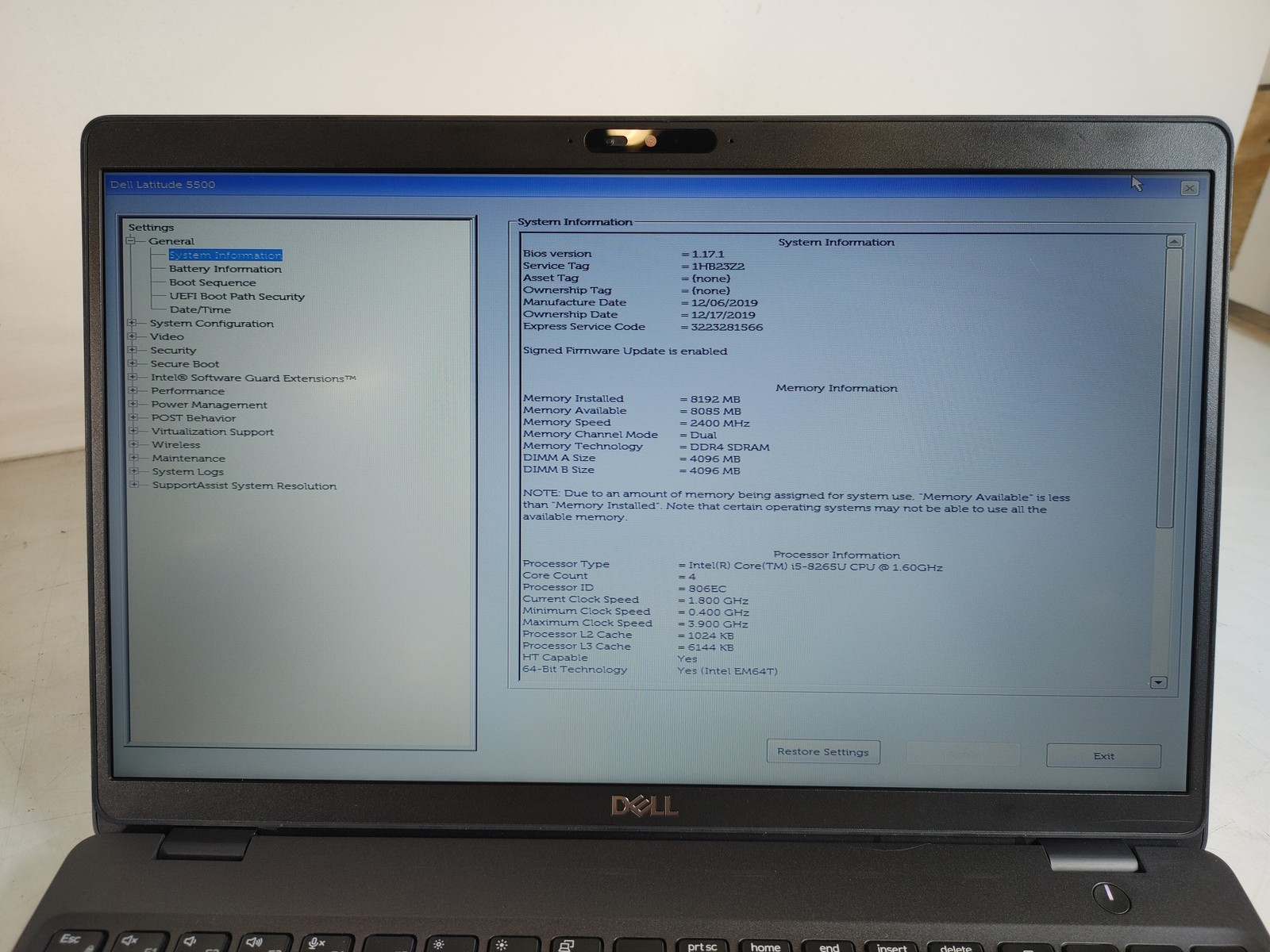 Dell Latitude 5500 Core i5-8265U 1.60 GHz 8 GB DDR4 No HDD