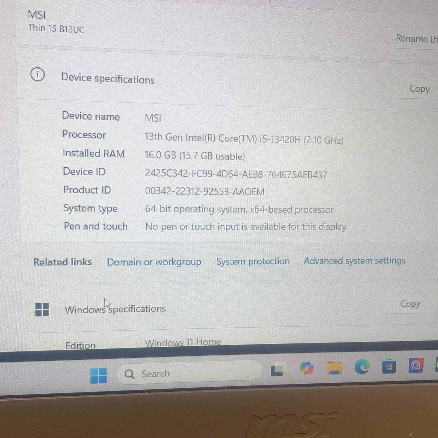 MSI Thin 15 B13UC 15.6″ i5-13420H 2.1GHz 16GB RAM 512GB SSD