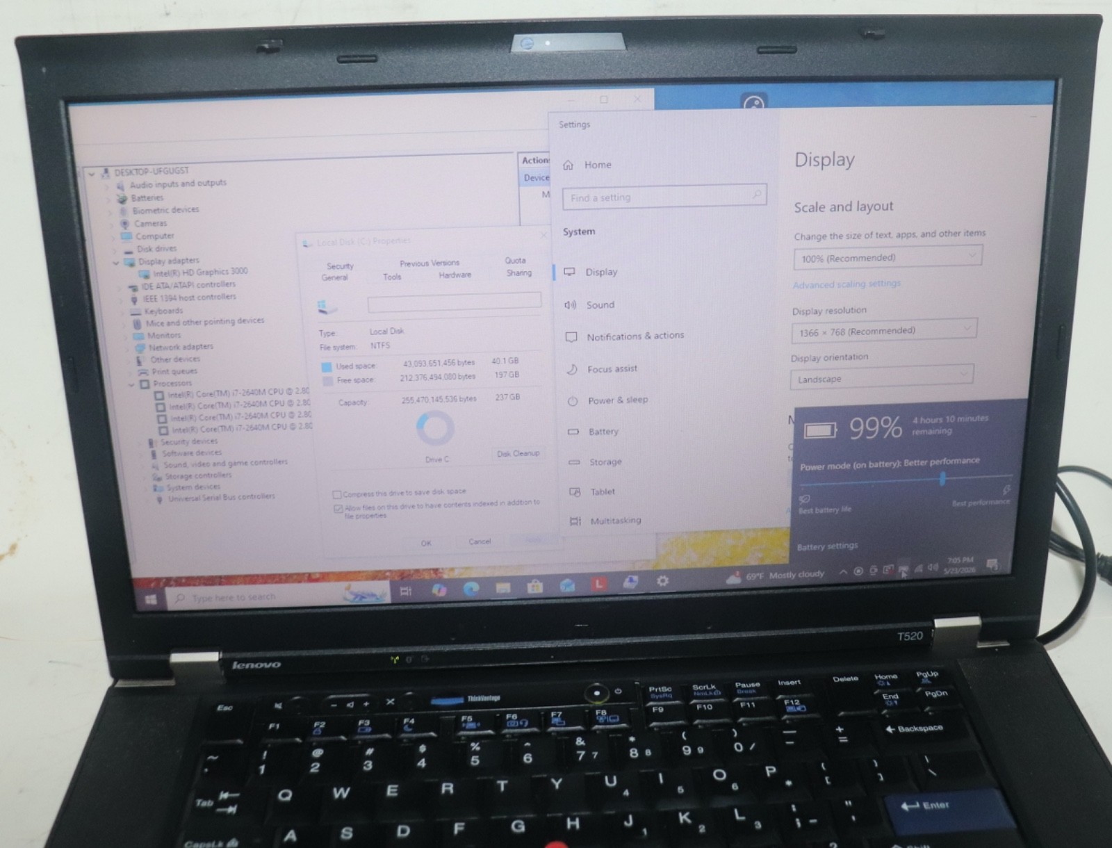 Lenovo ThinkPad T520|Core i7@2.80 GHz|8GB RAM|256GB SSD|WIN 10. PROF|Webcam