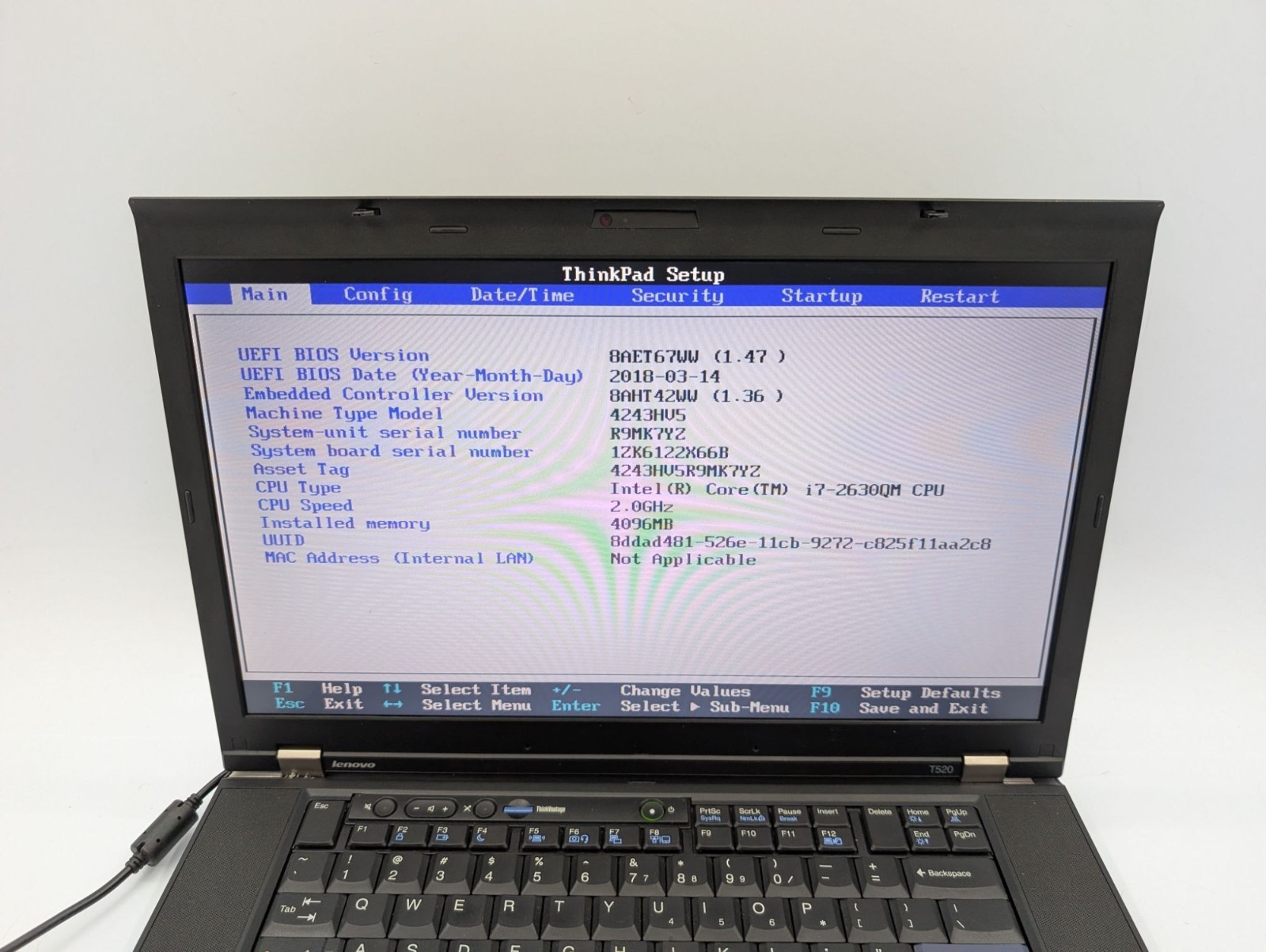Lenovo ThinkPad T520 15.6″ Laptop i7-2630QM 4GB RAM Boots to BIOS For Parts