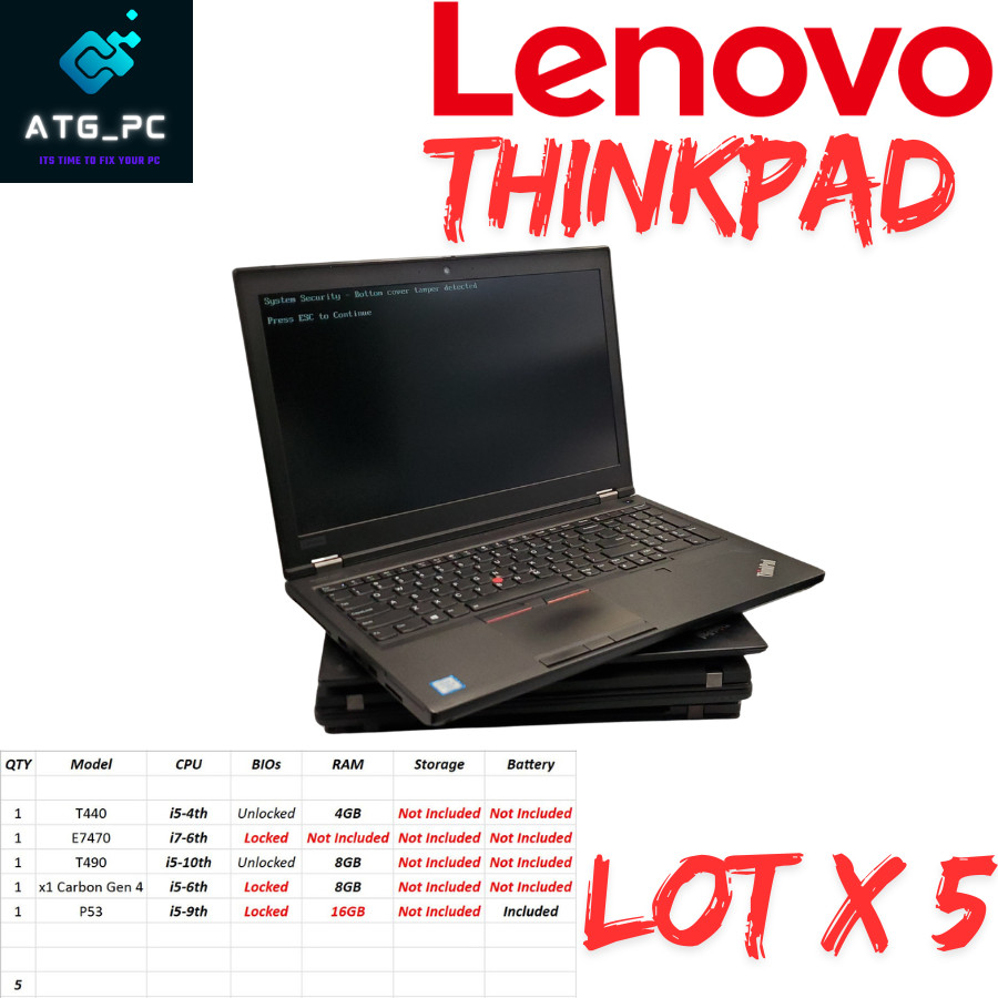 Lot 5 ThinkPad Laptops T440/T490/E7470/X1 Carbon Gen 4/P53 No SSD/BAT/Charger