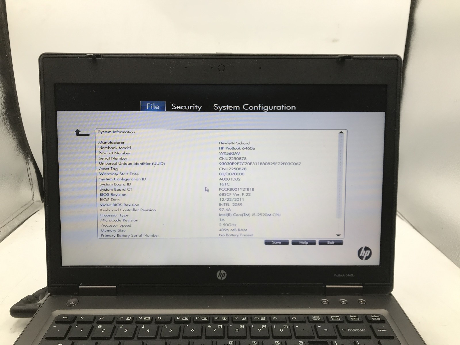 HP PROBOOK 6460B – BOOTS TO BIOS – INTEL I5 2520M – 4GB RAM – RREAD DESCRIP – BB