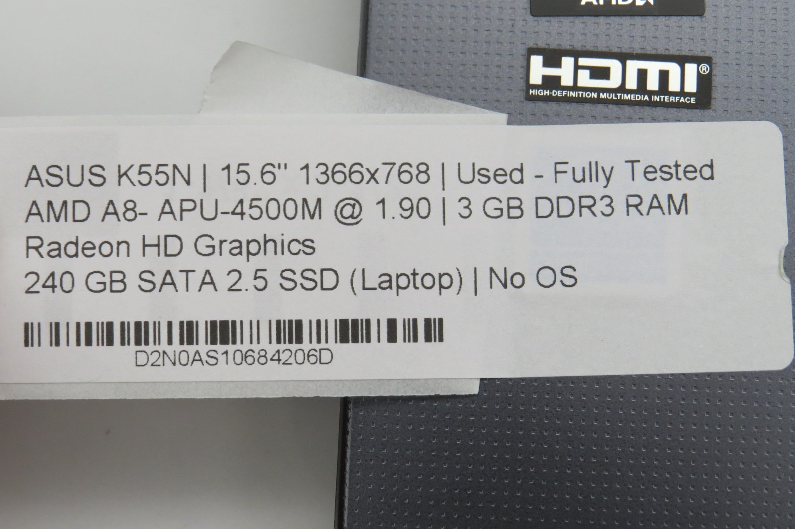 ASUS K55N-15.6″-AMD A8-APU-4500M@1.9GHz-3GB RAM-240GB 2.5 SSD-NO OS